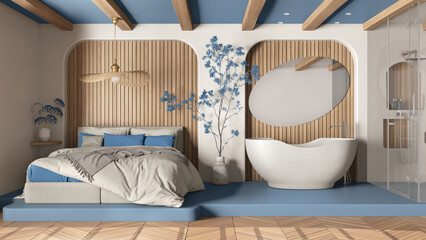 Modern creative blue and wooden bedroom with bathroom, open space with parquet and concrete floor. Roof beams, shower, free standing bathtub, mirror. Spa suite interior design idea