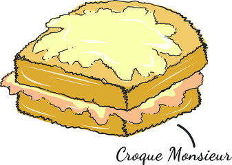 Traditional Croque monsieur a Ham and Cheese Sandwich French food doodle illustration. Doodle styled European traditional Croque Monsieur dish.