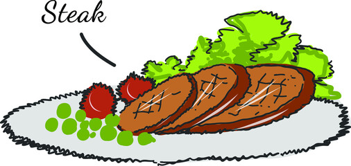 Grilled meat with green vegies tomatoes isolated on white fried steaks. Beef tenderloin. Pork knuckle. Slice of steak, fresh meat. Uncooked pork chop.