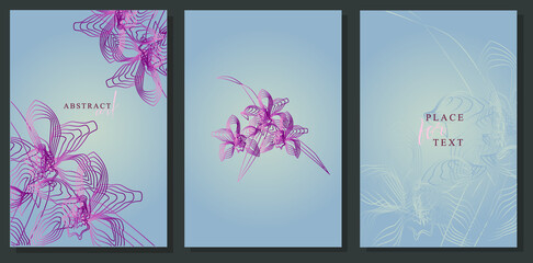 Geometric orchid flowers in elegant brochure. Creative line pattern. Art lines, outline design on floral motifs. Vector illustration.