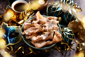 Traditional in Poland deep fried pastry faworki for carnival party