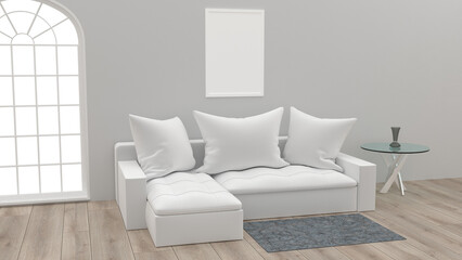 gray living room with white sofa. White interior. 3d illustration. 3d render
