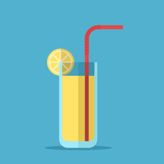 Lemon juice glass with straw and slice of fruit. Drink, cocktail, summer, dieting and beverage concept. Flat design. Vector illustration. EPS 8, no gradients, no transparency © Satenik Guzhanina