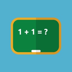 Green school board, addition task, one plus one equals unknown. Primary education, learning, easy problem and knowledge concept. Flat design. Vector illustration. EPS 8, no gradients, no transparency