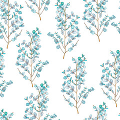  Seamless pattern from a branch with eucalyptus leaves. Watercolor illustration. 