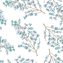  Seamless pattern from a branch with eucalyptus leaves. Watercolor illustration. 