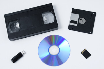 Information carriers. Flash drive, microchip, compact disk, floppy disks.