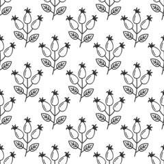 Rose hip hand drawn seamless pattern. Rosehip texture endless background. Plant vector icons.