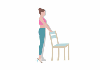 Exercises that can be done at-home using a sturdy chair.
Stand on a step so your heel can drop lower than the rest of your foot at the bottom of the movement. with Calf raises posture. Cartoon style.