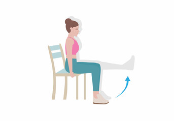 Exercises that can be done at-home using a sturdy chair.
Slowly raise the leg until it is horizontal. Hold for five seconds, and slowly let it return to the ground.  with Knee Extension posture. 