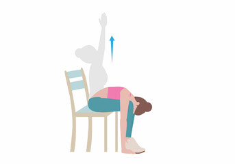 Exercises that can be done using a sturdy chair.
Breathe in and lift your arms up, pressing your palms overhead. On an exhale, float the arms back down to your sides. with Sun Salutation Arms posture.