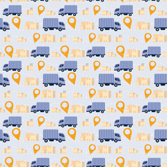 A pattern of transportation of things and furniture. Illustrated truck, packed boxes, vases, books. Location mark and the decorative mark of the route to be taken.