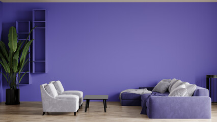 Luxury large room with modern seating area. Livingroom in the trendy color of the year 2022 - Very Peri. Lavender sofa, walls and furniture. Mockup background for art and interior design. 3d rendering