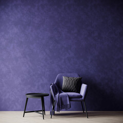 Accent chair with a table and an empty wall in plaster. Violet blue color - very peri interior design. Mockup room. 3d rendering