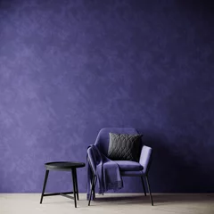 Foto auf Acrylglas Pantone 2022 very peri Accent chair with a table and an empty wall in plaster. Violet blue color - very peri interior design. Mockup room. 3d rendering