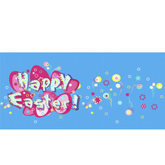 A postcard for Easter. Congratulations with a pattern of bright, pink eggs and an inscription - Happy Easter!Blue background. Religion and the feast of Easter communion.