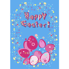 A postcard for Easter. Congratulations with a pattern of bright, pink eggs and an inscription - Happy Easter!Blue background. Religion and the feast of Easter communion.