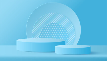Paper cut of minimal scene with geometric shape of round on blue background. Stage podium to show cosmetic products stage display. Vector illustration - obrazy, fototapety, plakaty
