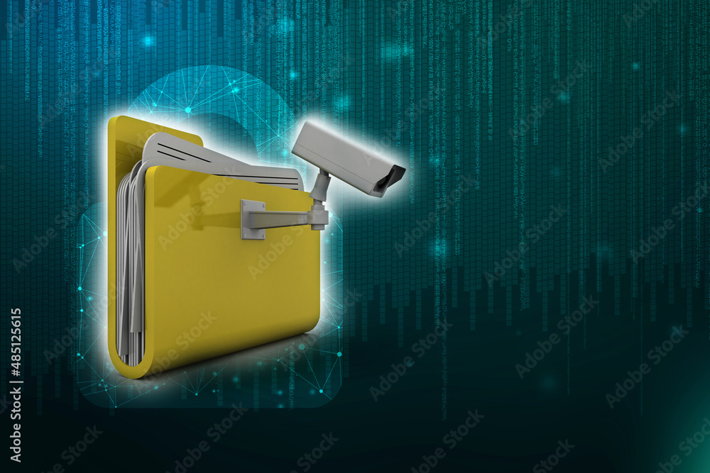 Poster 3d rendering surveillance cctv security camera with folder