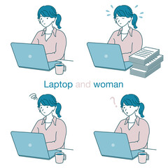 ノートパソコンで仕事をする女性のイラスト