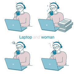 ノートパソコンで仕事をする女性のイラスト