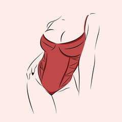 Female body in red corset bodysuit vector illustration. Woman in underwear simple design.