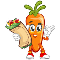 funny cartoon carrot offering delicious burritos casually