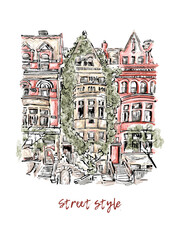 Obraz premium Scene street illustration. Hand drawn ink line sketch New York city in outline style front view. Postcards design. Simple urban sketch for postcards, logos or banners.