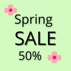 Advertising banner with text spring sale on green background.