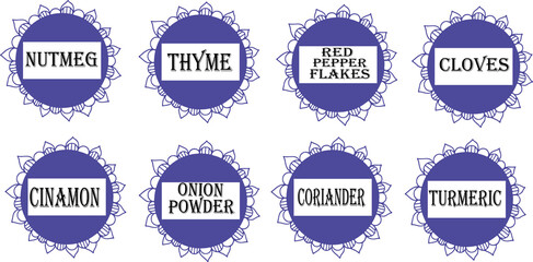 Obraz premium Label set: nutmag, thyme, red pepper, cloves, cinamon, onion, coriander and turmeric