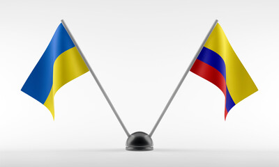 Stand with two national flags. Flags of Colombia and Ukraine. Isolated on a white background. 3d render