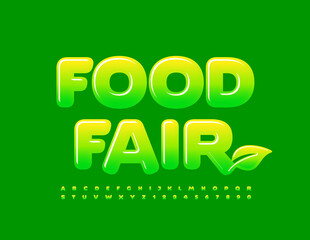 Vector creative logo Food Fair. Green Glossy Font. Artistic Alphabet Letters and Numbers set