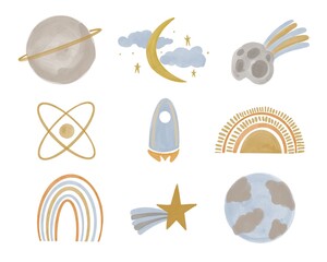 Boho watercolor set of cosmic bodies. Collection of hand drawn celestial elements. Moon, planets, camet, stars. Children's illustration.
