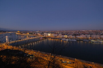 Budapest by night, view on the Danube river and the Chain Bridge
