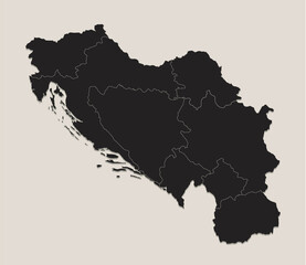 Black map of Yugoslavia, separate regions, design blackboard blank