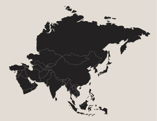 Black map of Asia with separate states, design blackboard blank