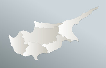 Cyprus map, administrative division, blue white card paper 3D blank