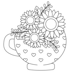 The collection about sunflower with teacup or vase in flat vector style. Illustration about flower, floral theme.