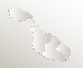 Malta map, Current regions, separates regions, card paper 3D natural, blank