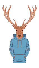 An brown deer in a blue sweatshirt or hoodie. Vector print illustration for sweatshirts, sweatshirts, t-shirts, posters, cards, pet supplies