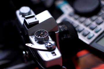 Close up of analog film camera  Selective focus of shallow depth of field at shutter speed dial