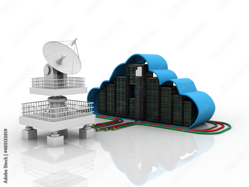 Poster 3d illustration data center server with dish and spaceship