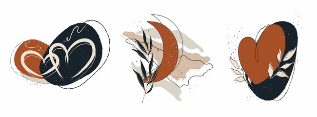a set from a romantic heart with a tropical leaf, the moon with an abstract branch. hand-drawn organic objects. isolated banner in . minimalism, art  boho style. for paper, print, banner, card