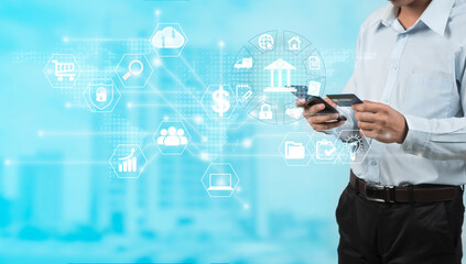 Businessman using tablet online banking and payment, Digital marketing. Finance and banking networking. Online shopping and icon customer network connection, cyber security. Business technology.