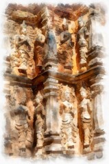 The remains of ancient architecture, art, architecture, art in the north of Thailand have beautiful stucco designs. watercolor style illustration impressionist painting.