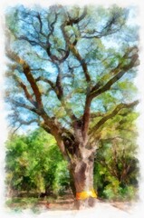 A large perennial plant with extensive branches. watercolor style illustration impressionist painting.