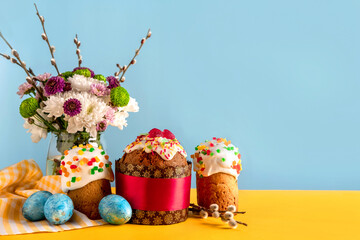 Happy Easter concept. Congratulatory easter background. Easter eggs and flowers. Easter Card