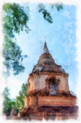 The remains of ancient architecture, art, architecture, art in the north of Thailand have beautiful stucco designs. watercolor style illustration impressionist painting.