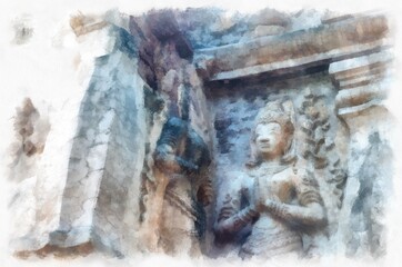 Naklejka na ściany i meble The remains of ancient architecture, art, architecture, art in the north of Thailand have beautiful stucco designs. watercolor style illustration impressionist painting.