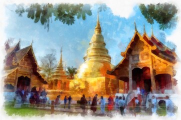 Fototapeta premium ancient architecture in northern Thailand watercolor style illustration impressionist painting.